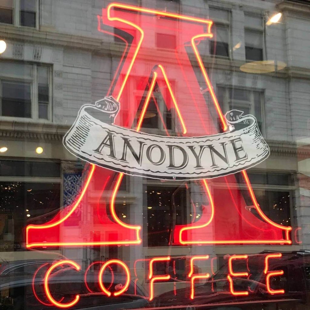 Anodyne Coffee red window sign