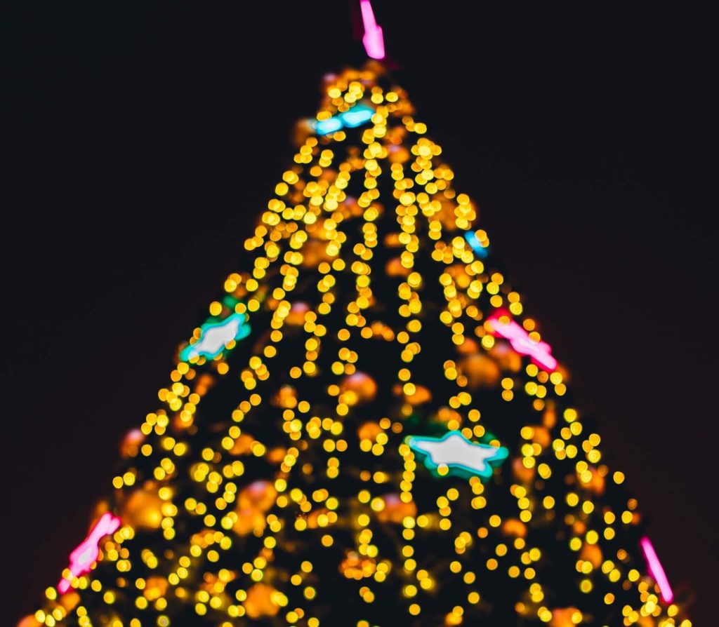 Illuminated, decorated Christmas tree